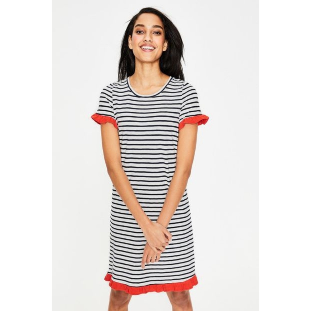 Boden Navy Blue & Ivory White Stripe Ruffle Short Sleeve Emily Jersey Dress
